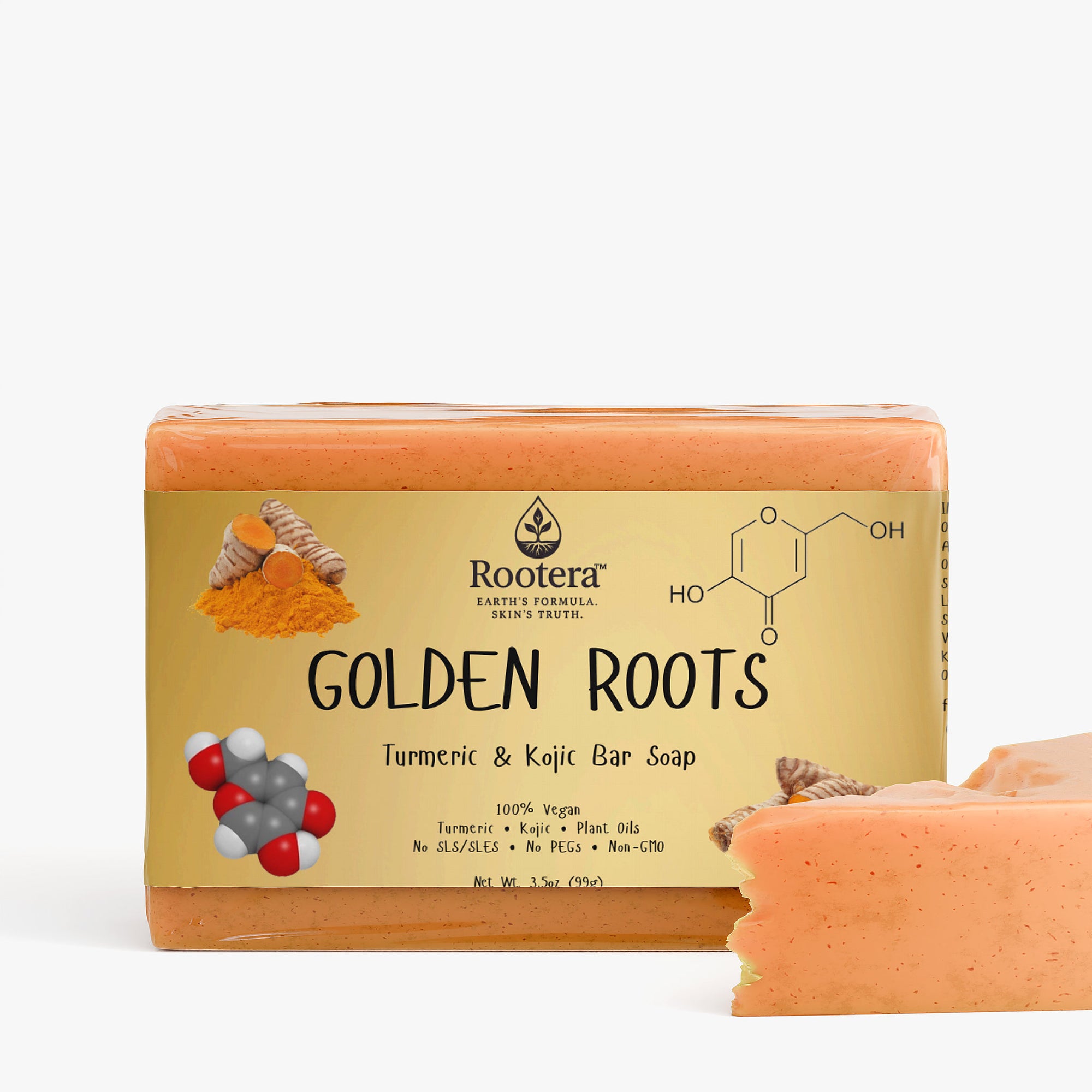 Rootera™ “Golden Roots” – Radiance Revival Bar Soap with Kojic Acid & Turmeric, 100% Vegan