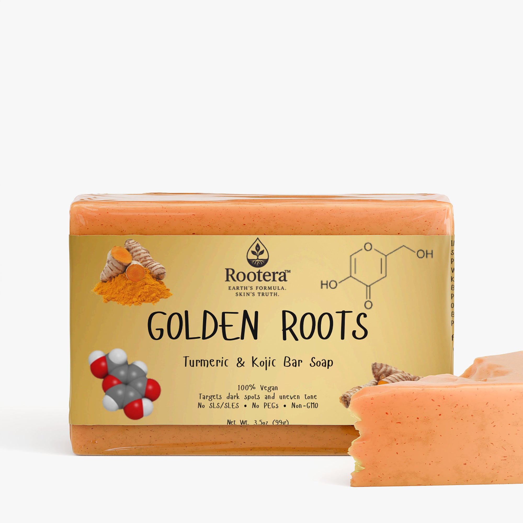 Rootera™ “Golden Roots” — Dark-Spot & Dullness Care Bar (Kojic + Turmeric)